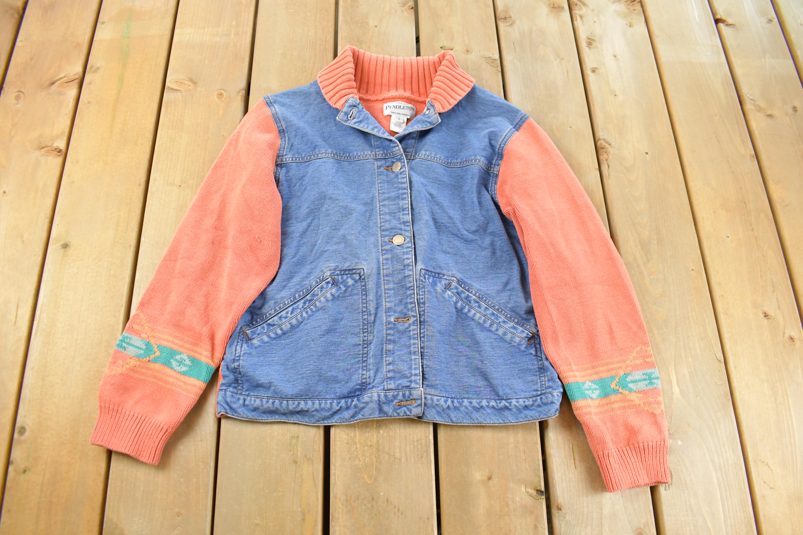 Vintage 1990s Pendleton Denim Knit Aztec Cardigan Sweater Youth L