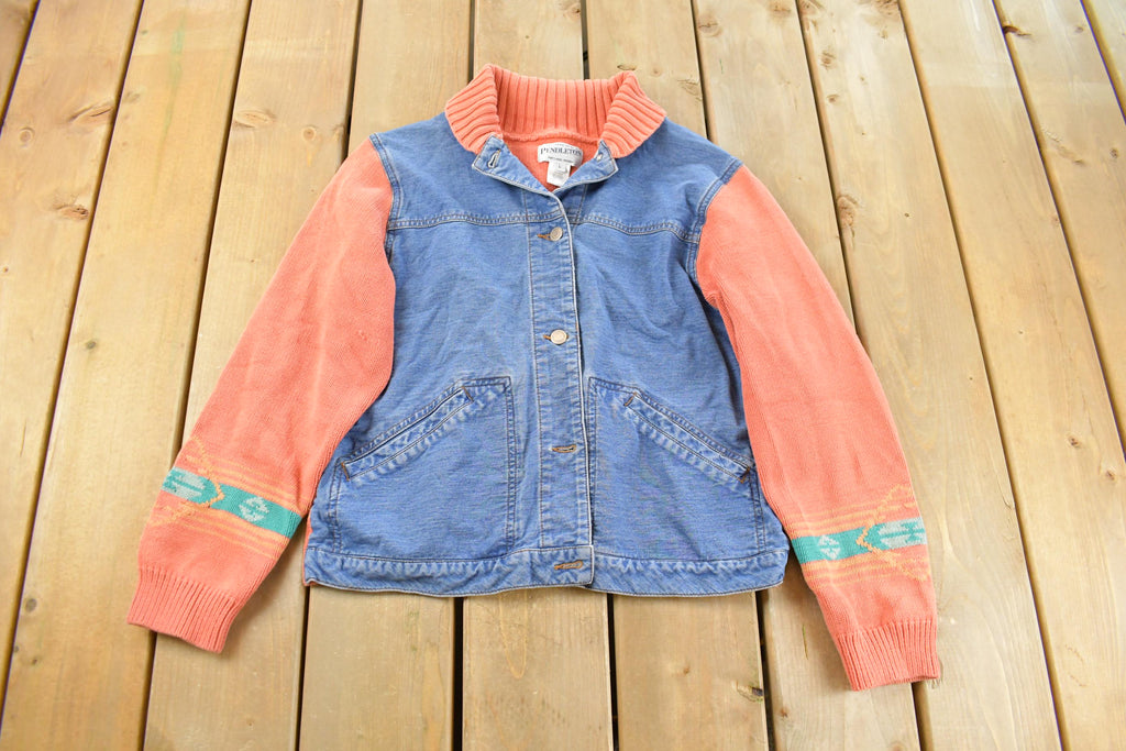 Vintage 1990s Pendleton Denim Knit Aztec Cardigan Sweater Youth L