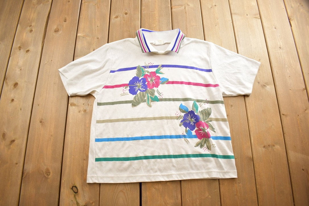 Vintage 1980s Floral Theme Button Up Golf Shirt Made In USA