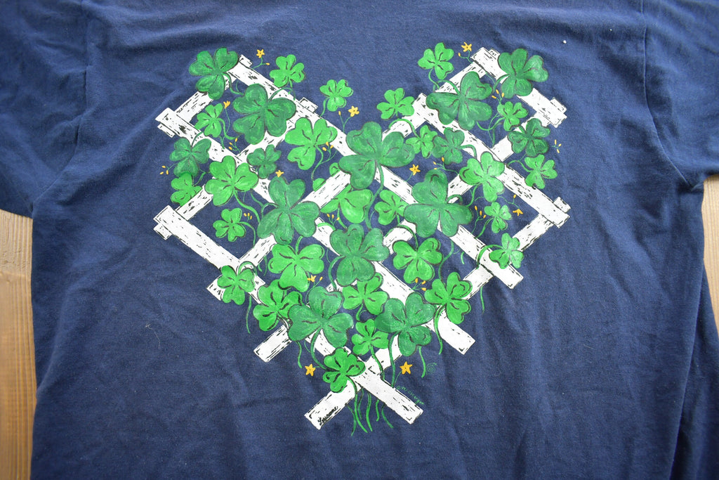Vintage 1990s Four Leaf Clover Heart Single Stitch Graphic T Shirt Made In USA