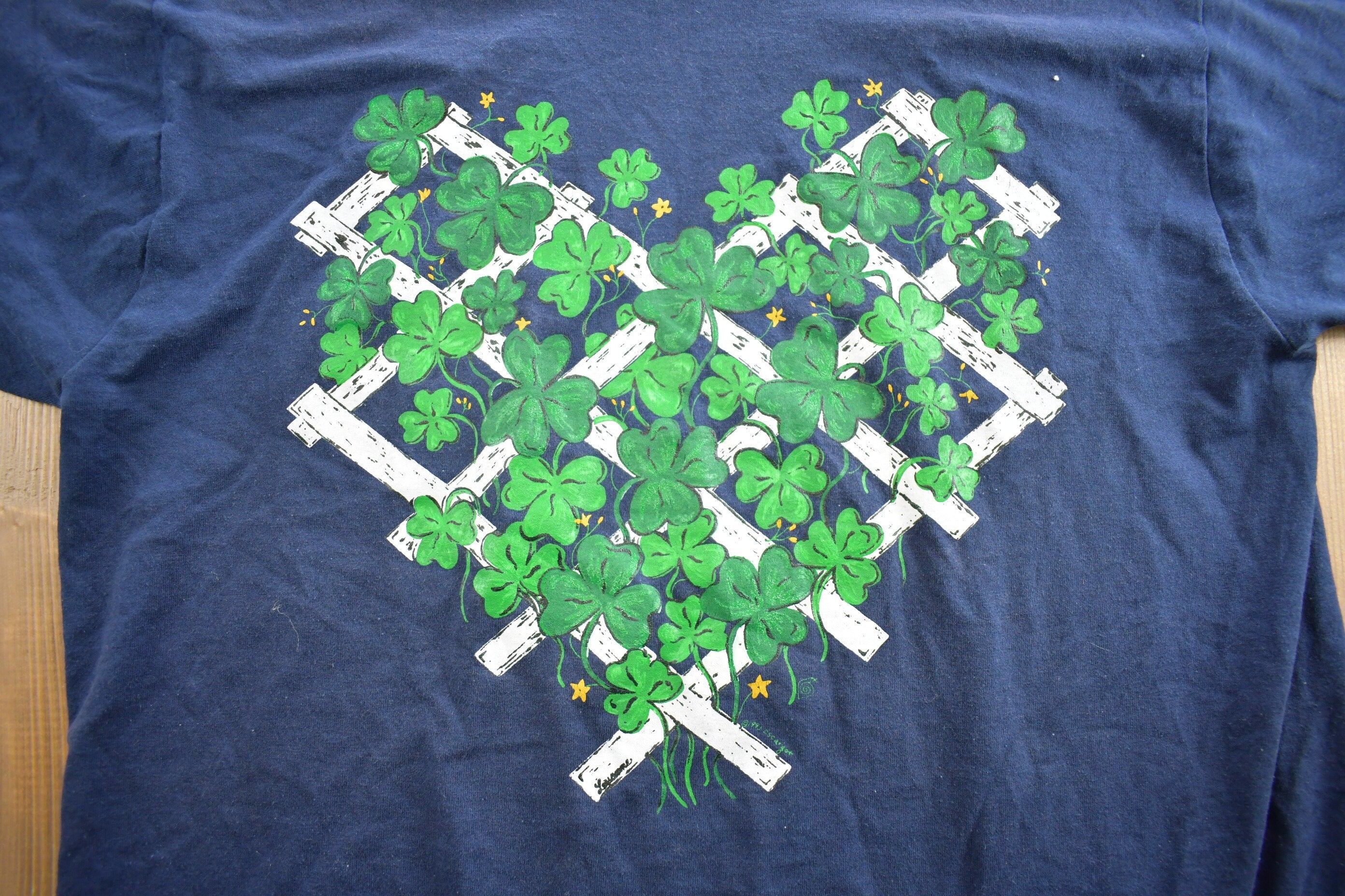 Vintage 1990s Four Leaf Clover Heart Single Stitch Graphic T Shirt Made In USA