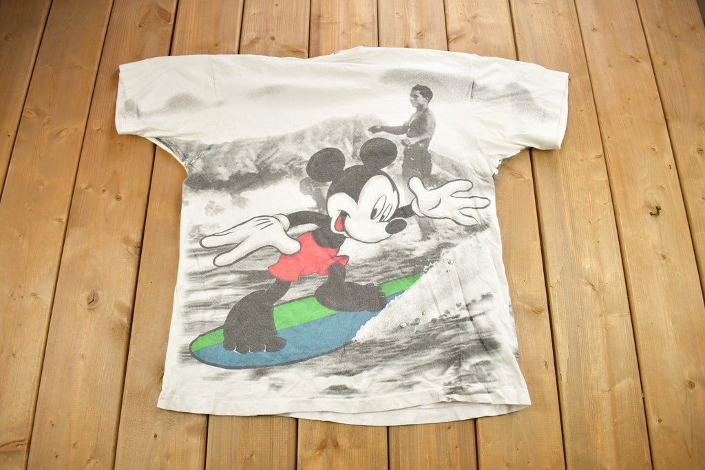 Vintage 1990s Mickey Mouse Surfing Theme All Over Print T-Shirt