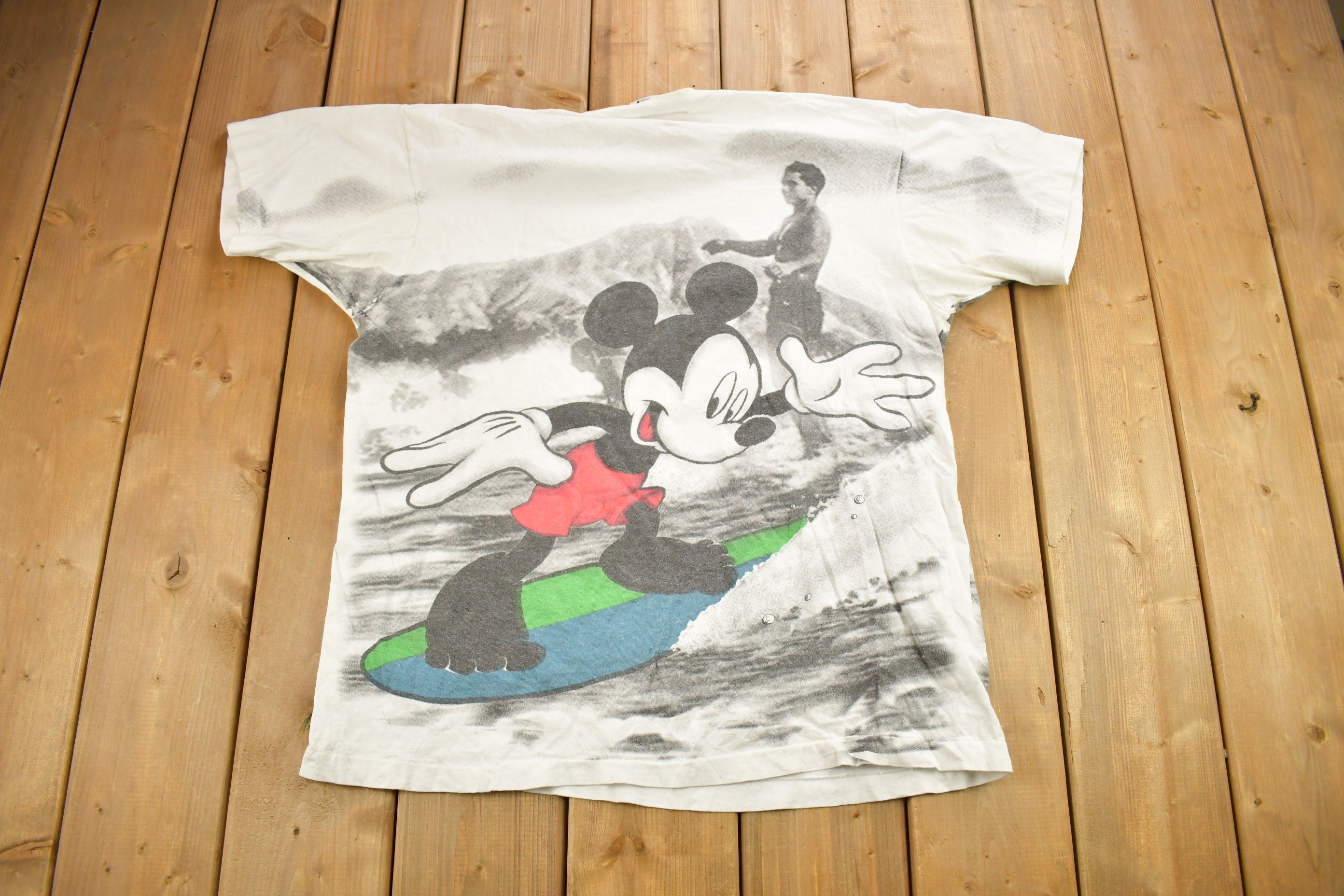 Vintage 1990s Mickey Mouse Surfing Theme All Over Print T-Shirt
