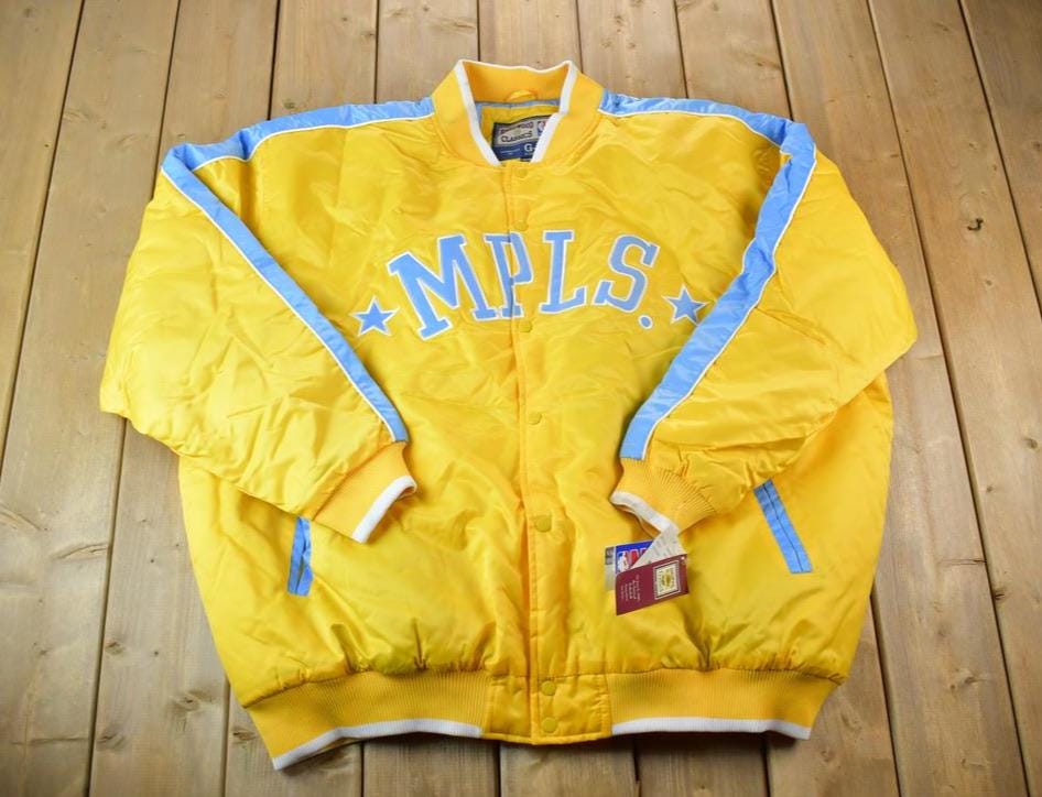 Vintage 1990s Deadstock NBA Hardwood Classics MPLS Minneapolis Lakers Satin Button Up Windbreaker Basketball Jacket