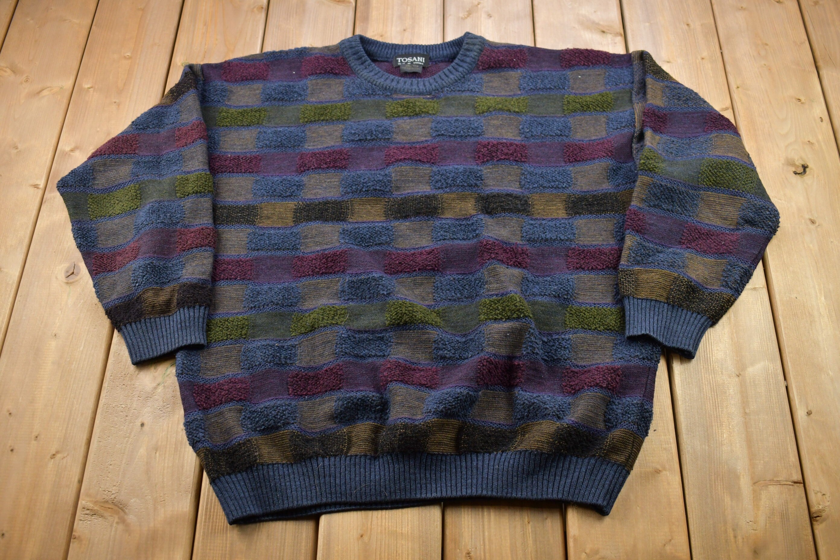 Vintage 1990s Tosani 3D Colored Cable Knit Crewneck Sweater  Vintage 90s Crewneck  Abstract Patterns