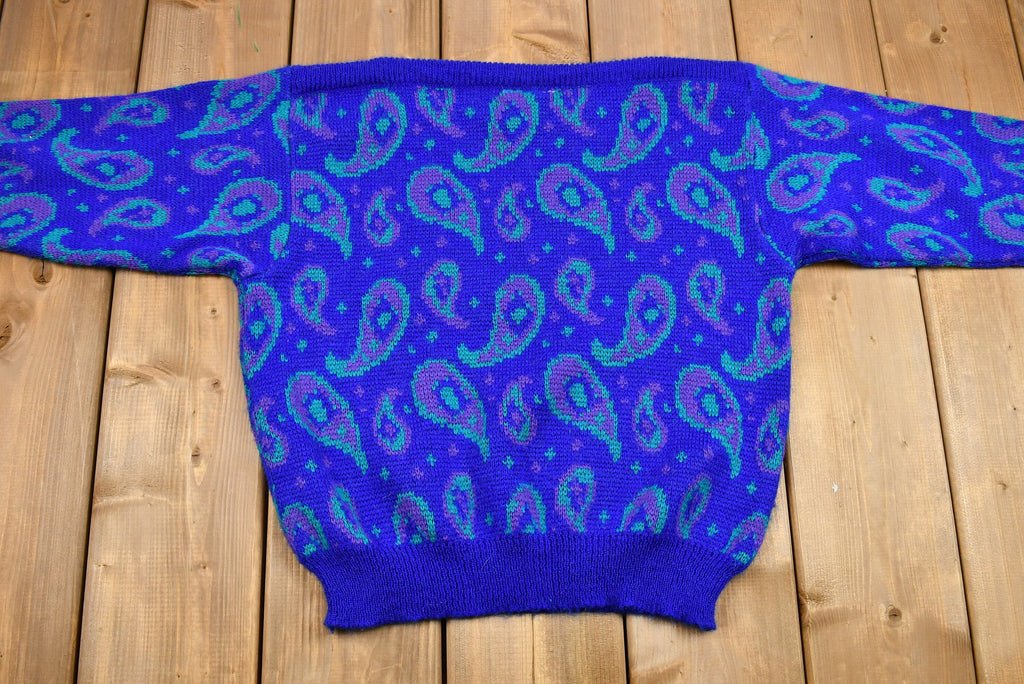 Vintage 1980s Dayglo Paisley Print Boat-Neck Knit Sweater