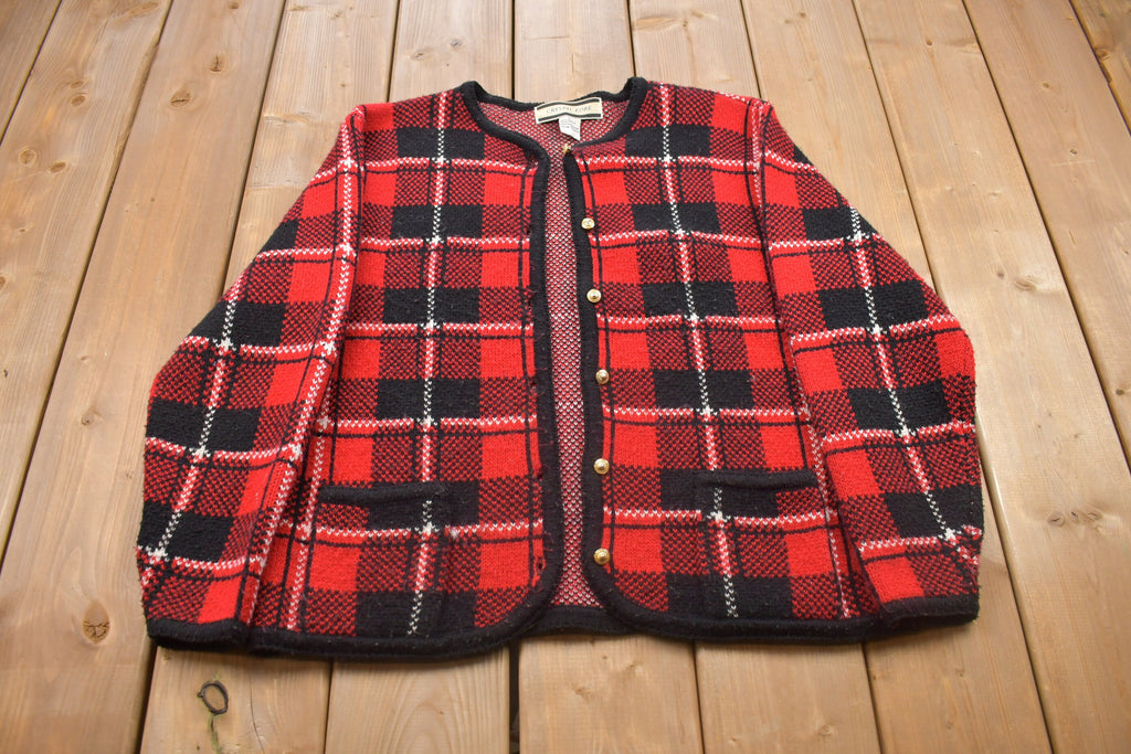 Vintage 1980s Crystal Kobe Plaid Knitted Button Cardigan Sweater