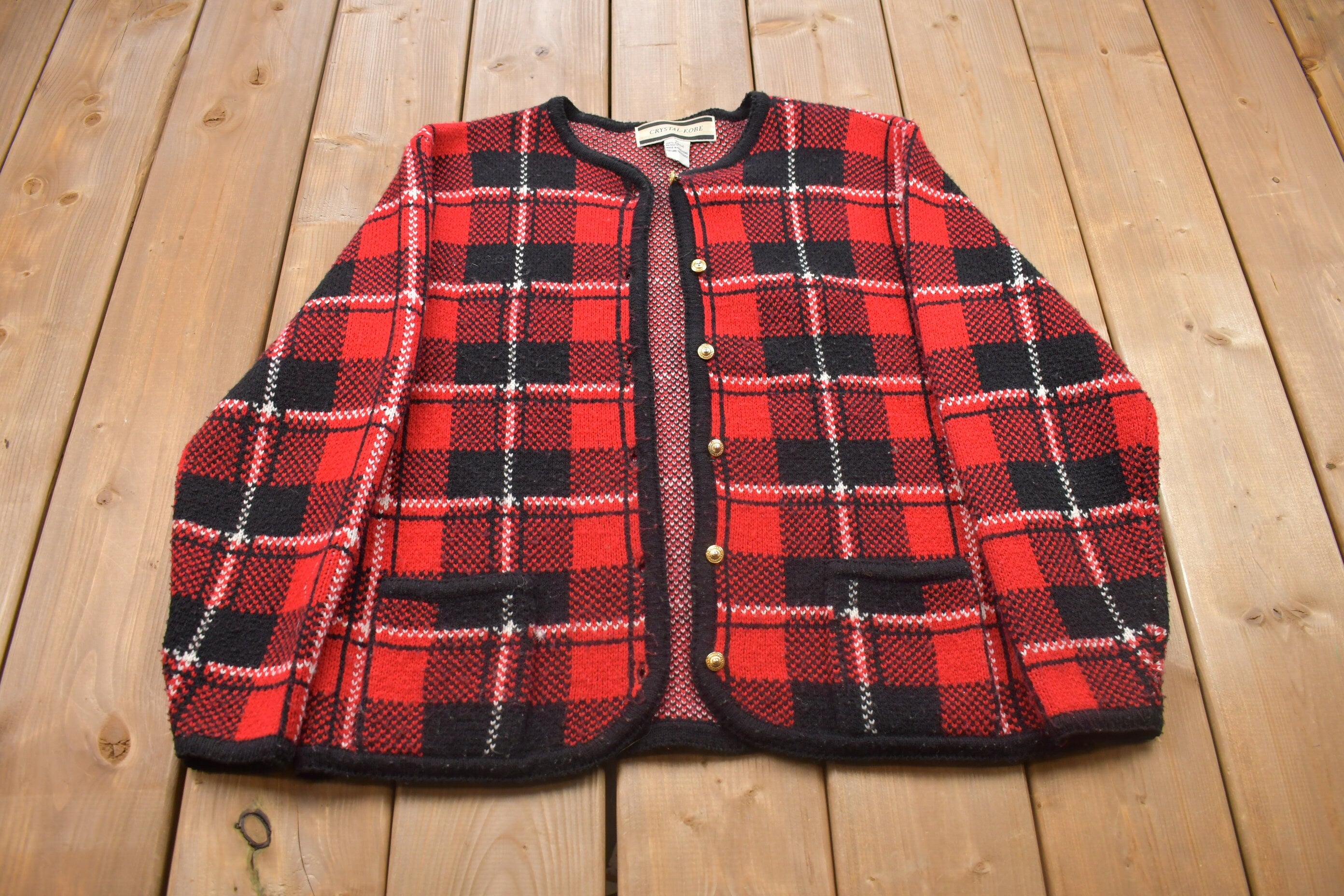 Vintage 1980s Crystal Kobe Plaid Knitted Button Cardigan Sweater