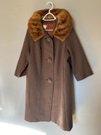 Vintage 1950s Peau De Faille Fur Collared Long Pea Coat Jacket
