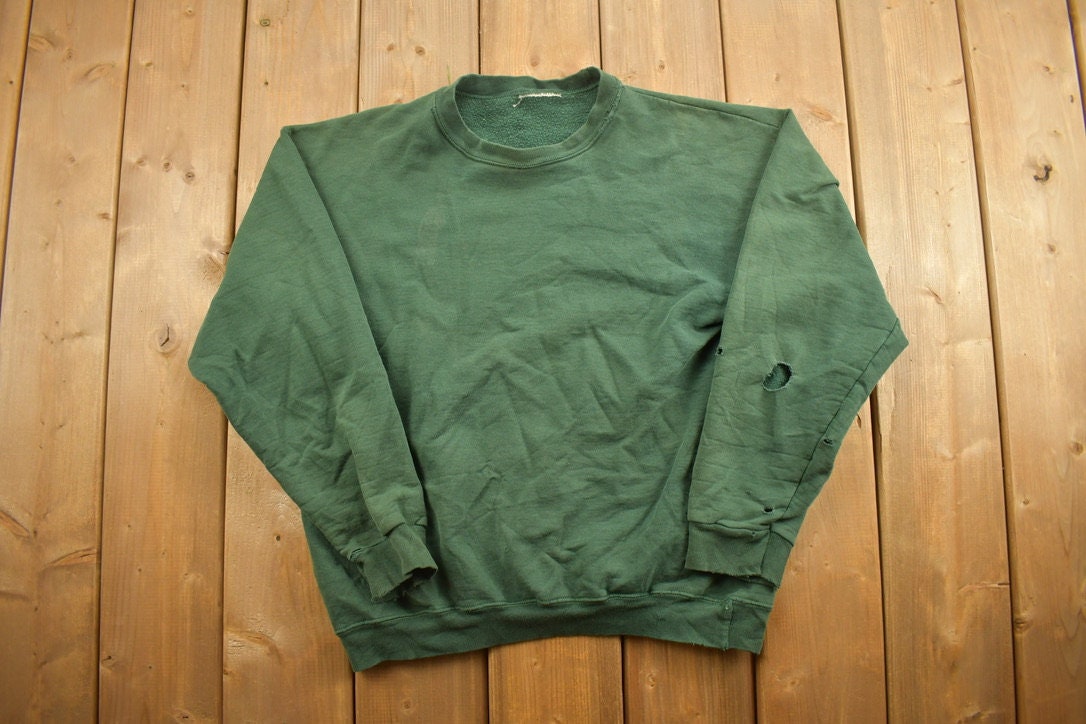 Vintage 1990s Thrashed Blank Green Crewneck Sweatshirt