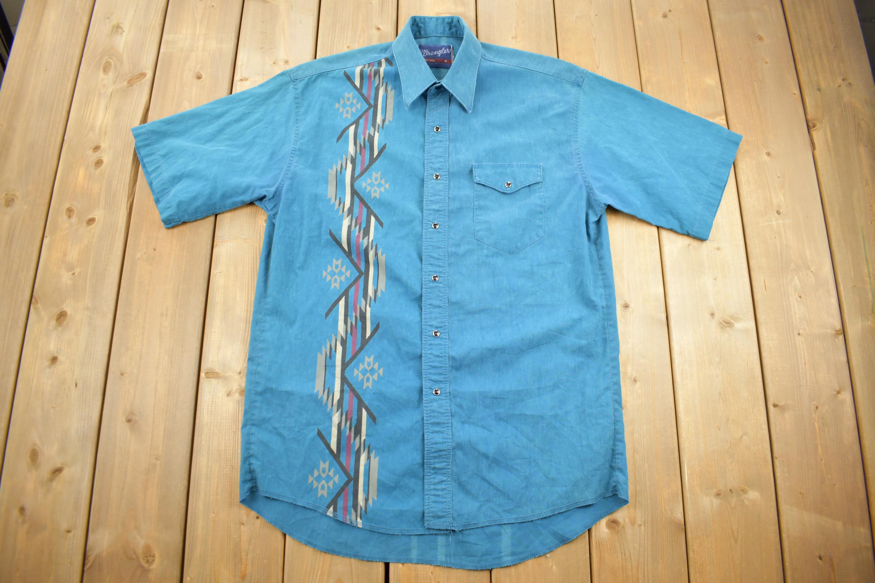 Vintage 1990s Wrangler Western Shirts Pearl Snap Short Sleeve Aztec Pattern Button Up Shirt