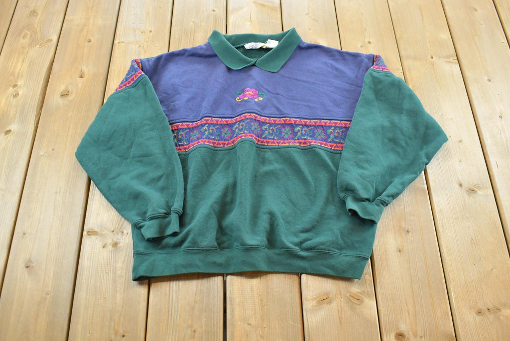 Vintage 1990s American Sportif Flower Embroidered Collared Crewneck Mens S /