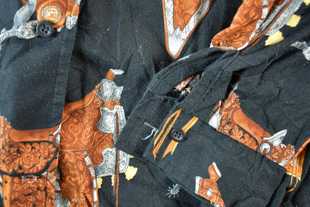 Vintage 1990s Roper Western Button Up AOP Saddle Print Shirt Men's L