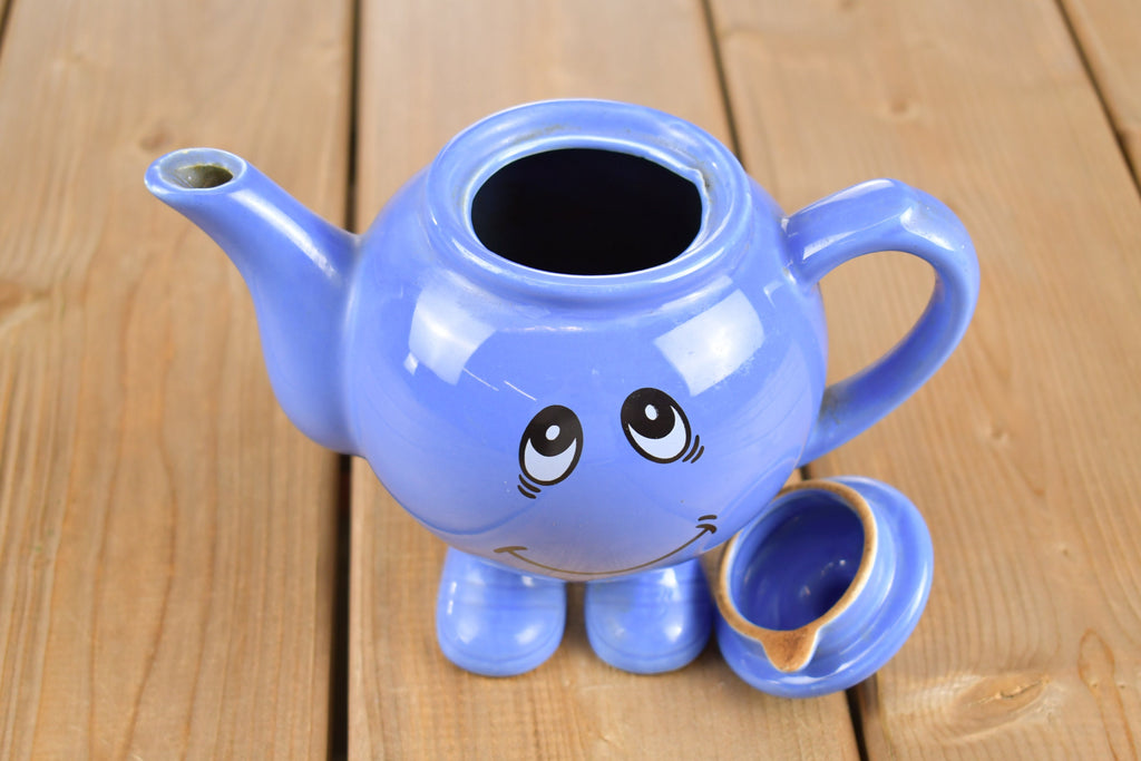 Vintage 1980s Cute Smiley Face Ceramic Tea Pot With Feet