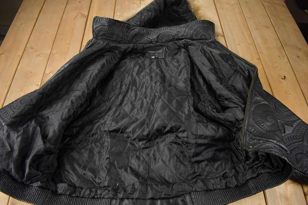 Vintage 1990s Tanners Avenue Leather Mosaic Embroidered Bomber Jacket