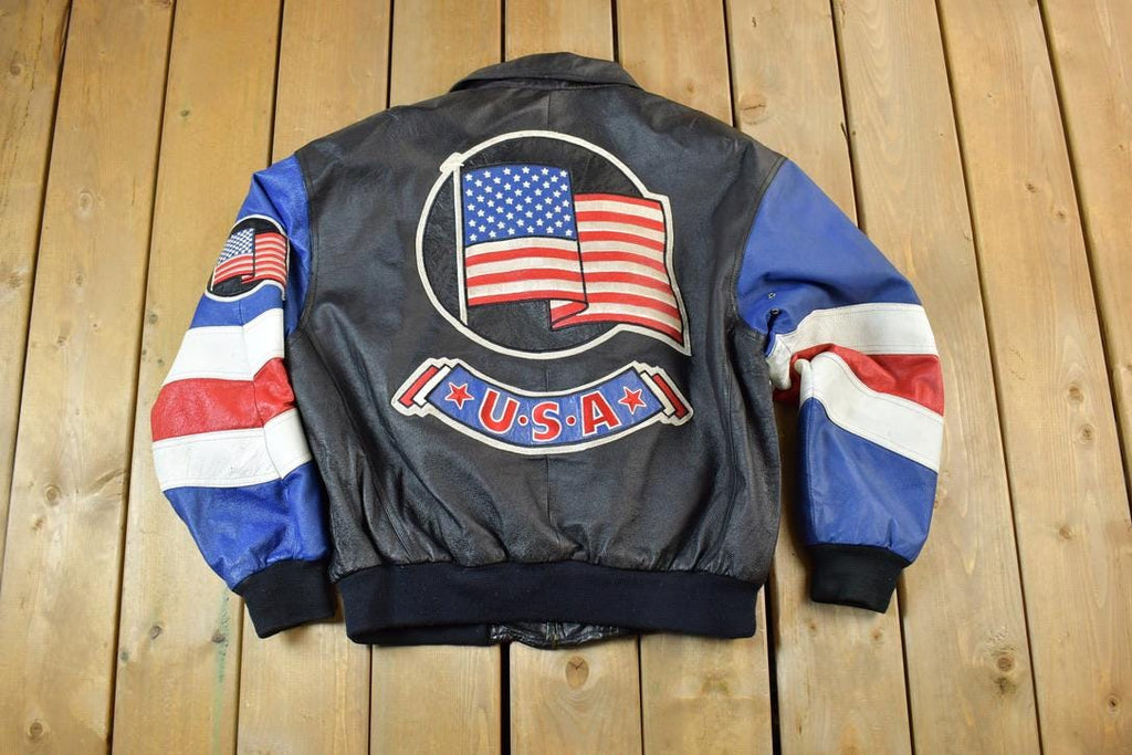 Vintage 1990s Michael Hoban American Flag Leather Patch AOP Jacket Made In USA
