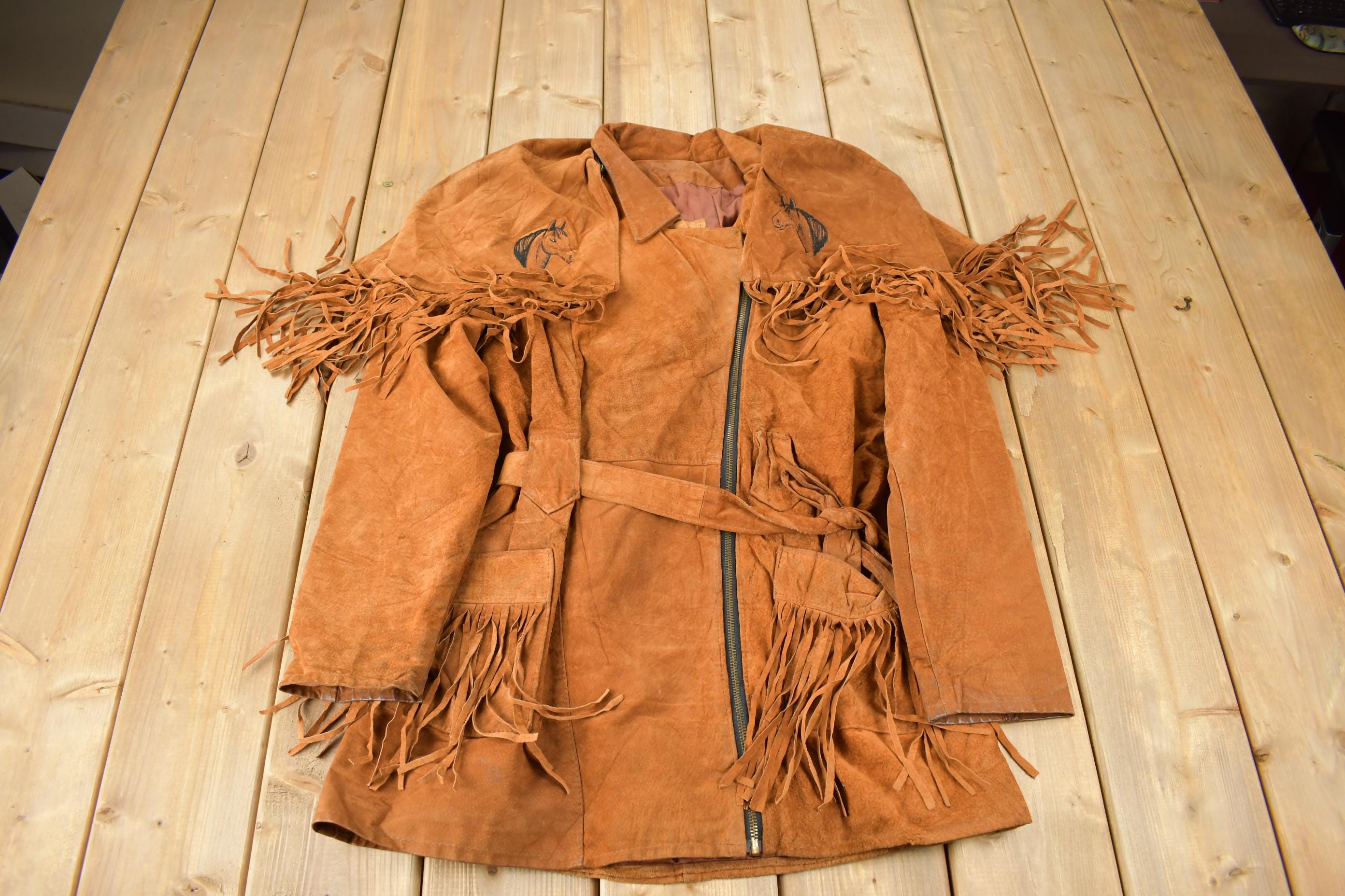 Vintage 1970s Embroidered Horse Fringe Leather Jacket