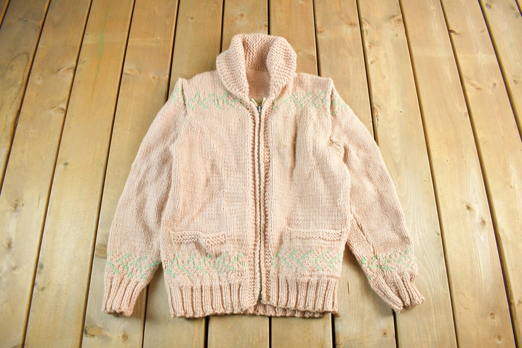 Vintage 1950s Hand-Knit Pink Zip Up Cowichan Sweater Women's Medium