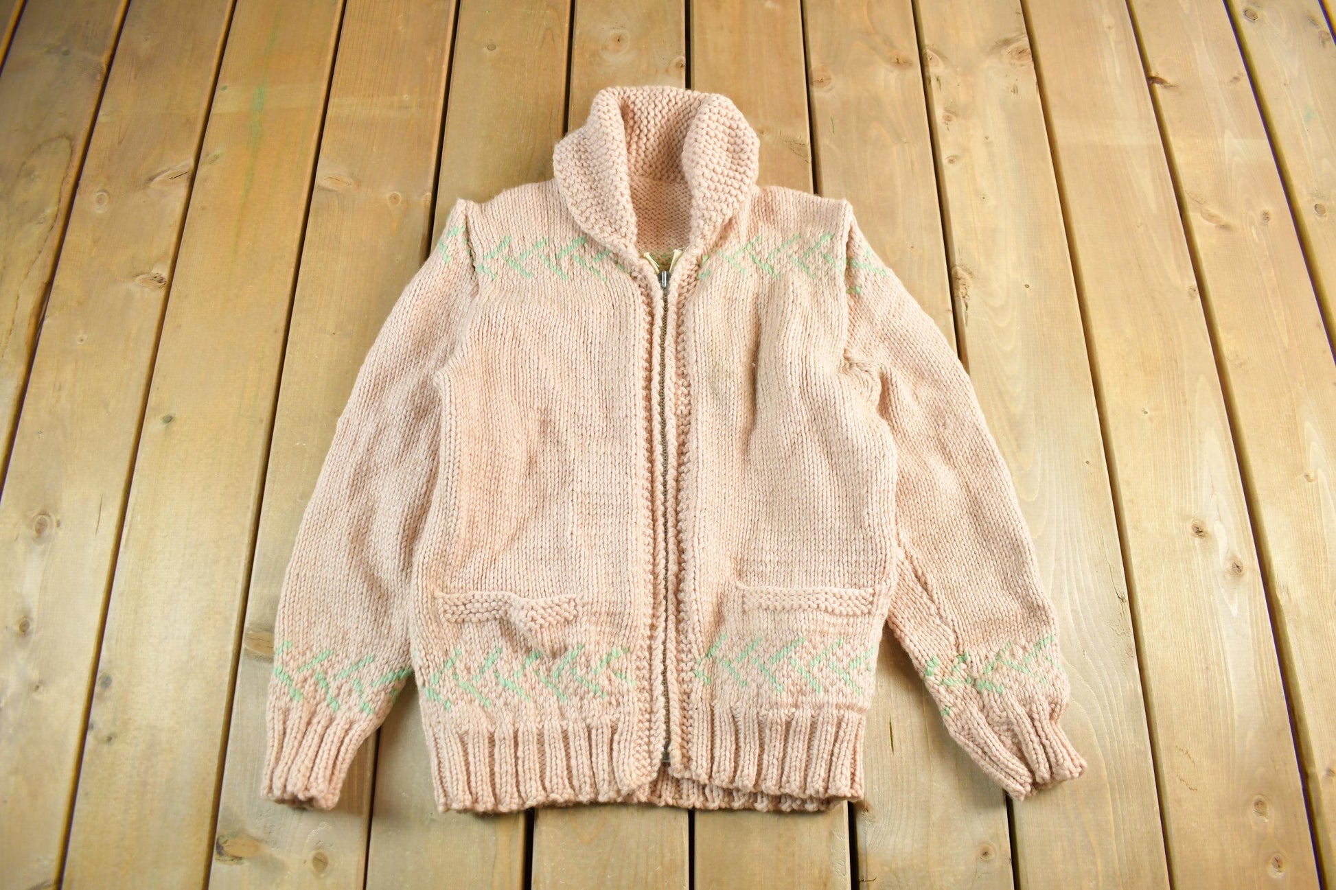 Vintage 1950s Hand-Knit Pink Zip Up Cowichan Sweater Women's Medium