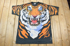 Vintage 1995 Tiger Theme All Over Print Liquid Blue Double Sided Graphic T-Shirt