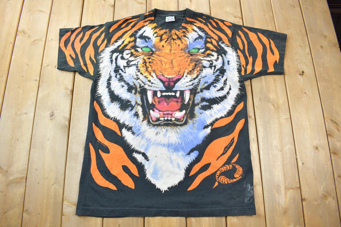 Vintage 1995 Tiger Theme All Over Print Liquid Blue Double Sided Graphic T-Shirt