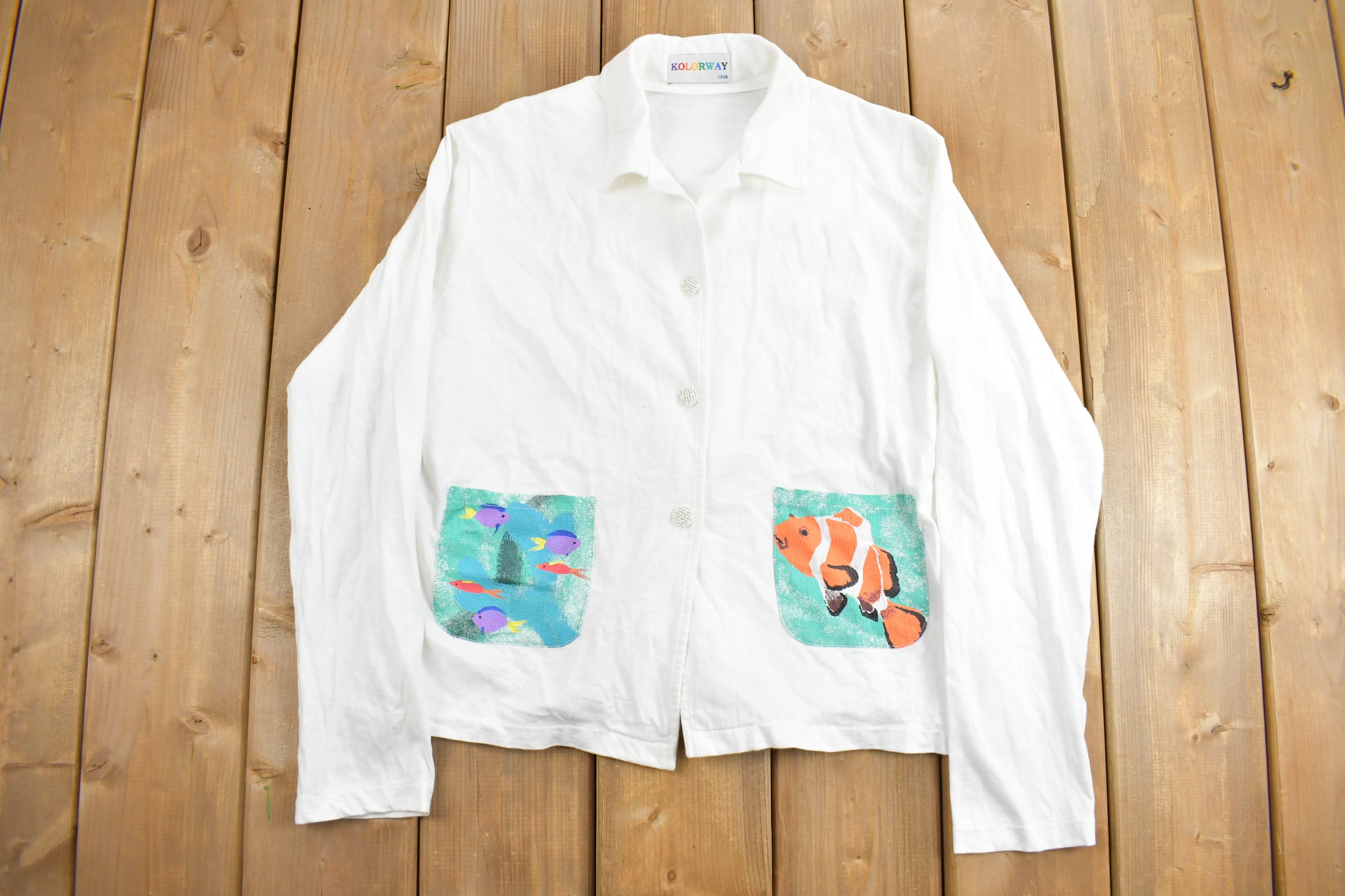 Vintage 1990s Kolorway USA Fish Theme Painted Button Up Shirt Cardigan / 1990s Button Up / Vintage Flannel / Basic Button Up