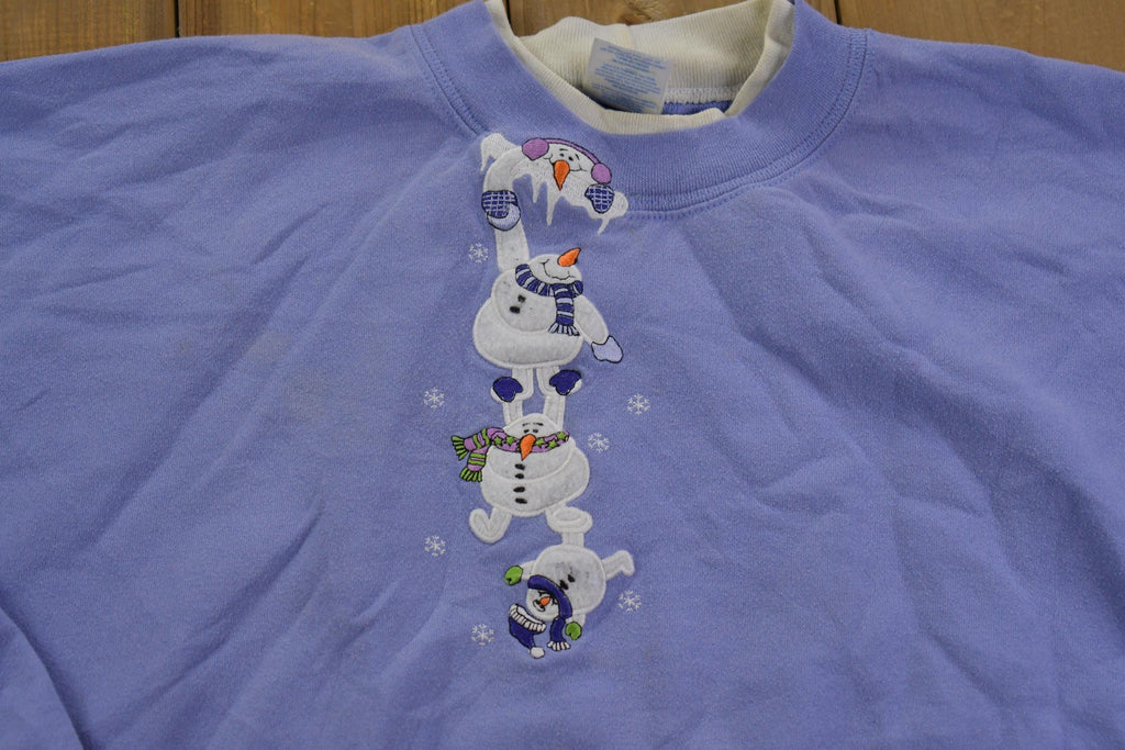 Vintage 1990s Cute Grandma Embroidered Snowman Crewneck Sweater Made In USA