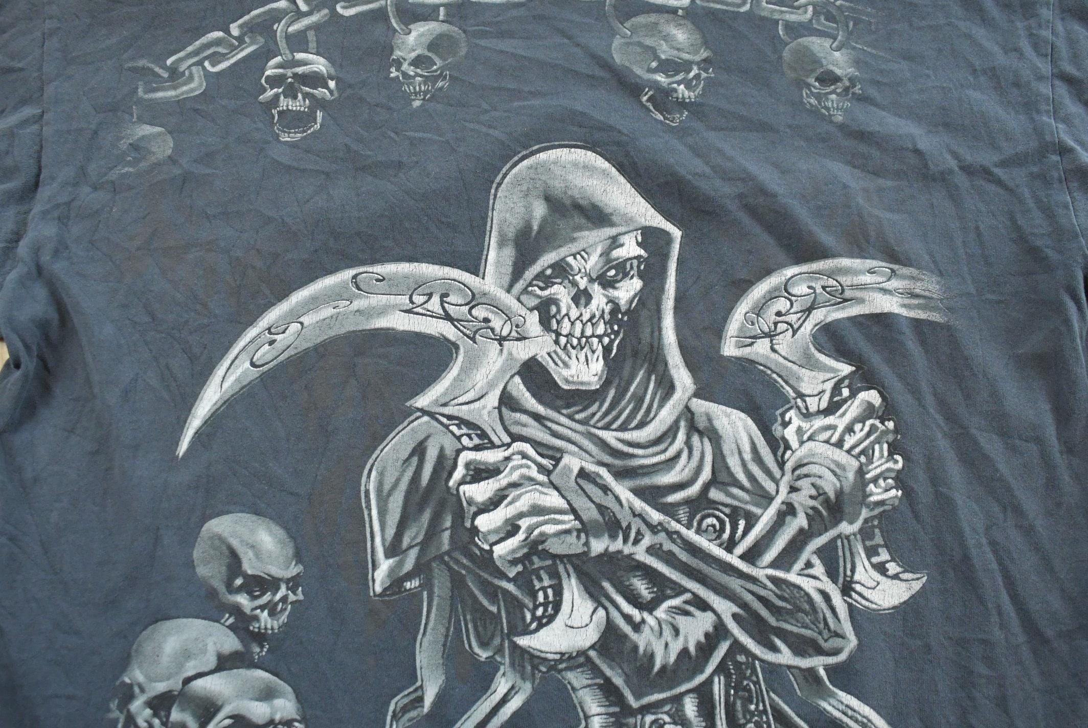 Vintage Y2K Skulls Grim Reaper Thermal Knit Long Sleeve Shirt Men's XL