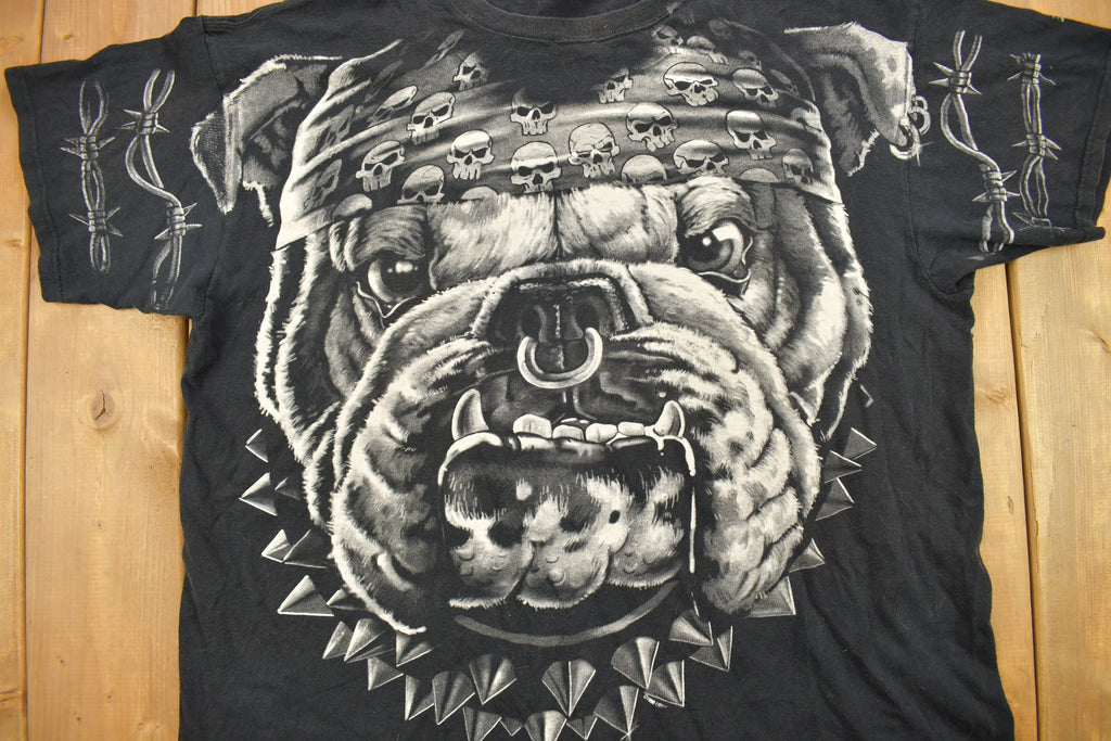 Vintage 1996 Bulldog All Over Print Liquid Blue Graphic T Shirt