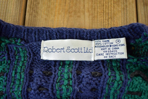 Vintage 1990s Robert Scott Knit Abstract Pattern Cardigan Sweater Mens M / 90s Crewneck / Preppy Knits / Wool Blend / Cotton Blend
