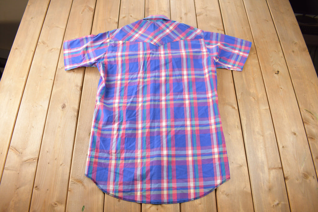 Vintage 1990s Wrangler Cowboy Cut X Long Tails Western Style Pearl Snap Button Up Plaid Shirt