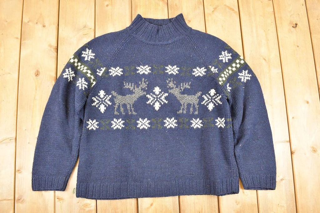 Vintage 1990s LL Bean Christmas Reindeer Wool Knit Crewneck Sweater Women's L
