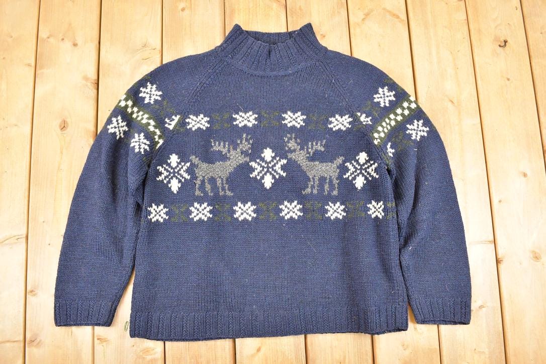 Vintage 1990s LL Bean Christmas Reindeer Wool Knit Crewneck Sweater Women's L