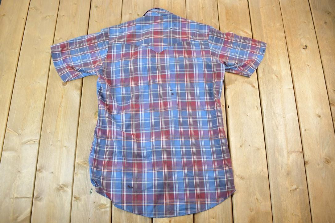 Vintage 1980s Open Range Plaid Western Cowboy Button Up Shirt