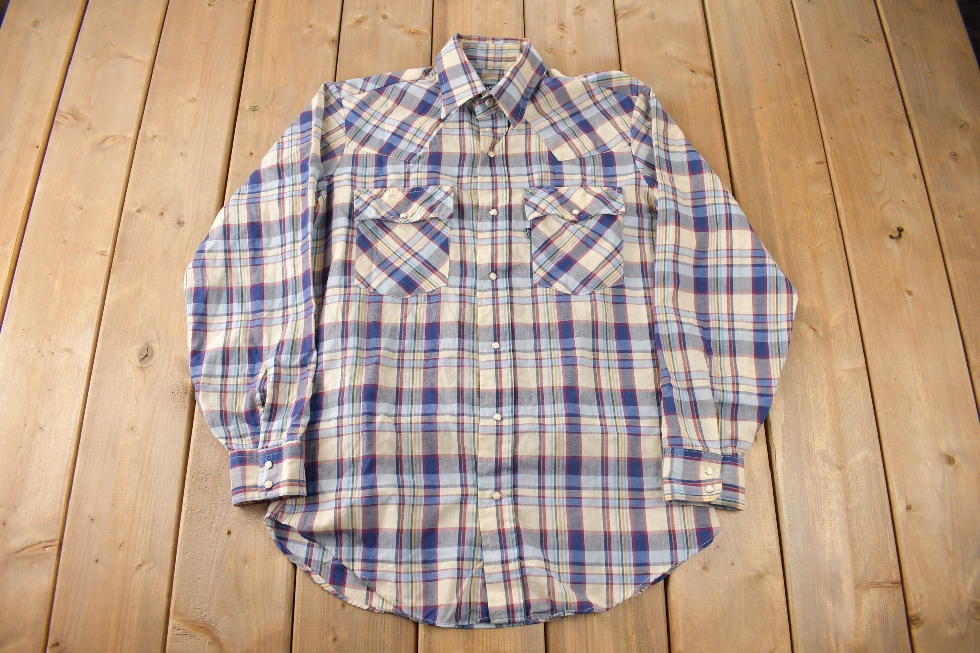Vintage 1980s Levi's Western Wear Pearl Snap Plaid Long Sleeve Button Up Shirt Size M