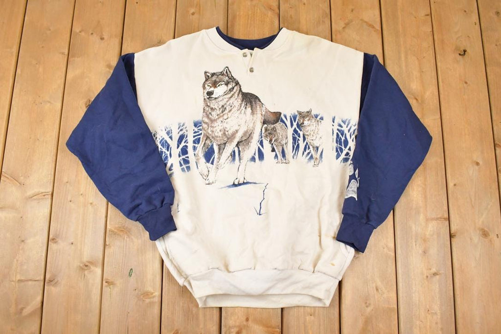 Vintage 1990s Artisans Large Wolf Graphic Print Button Up AOP Crewneck Sweatshirt Mens L
