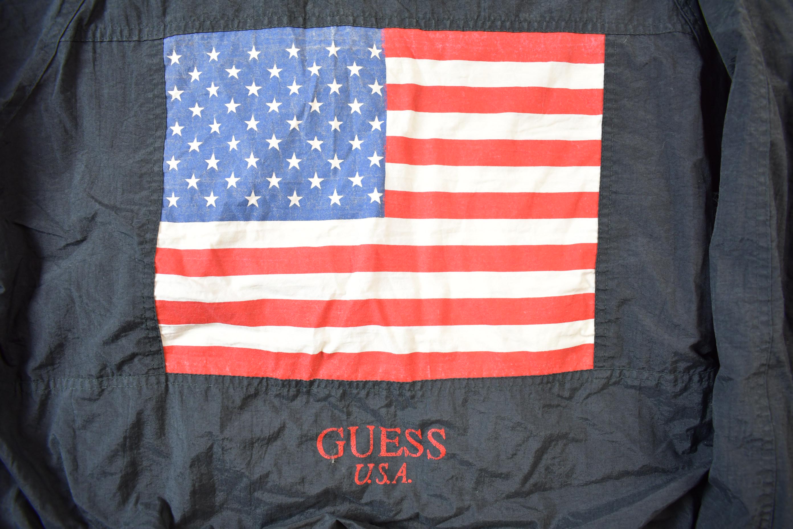Vintage 1990s Guess USA American Flag Back Logo Bomber Jacket