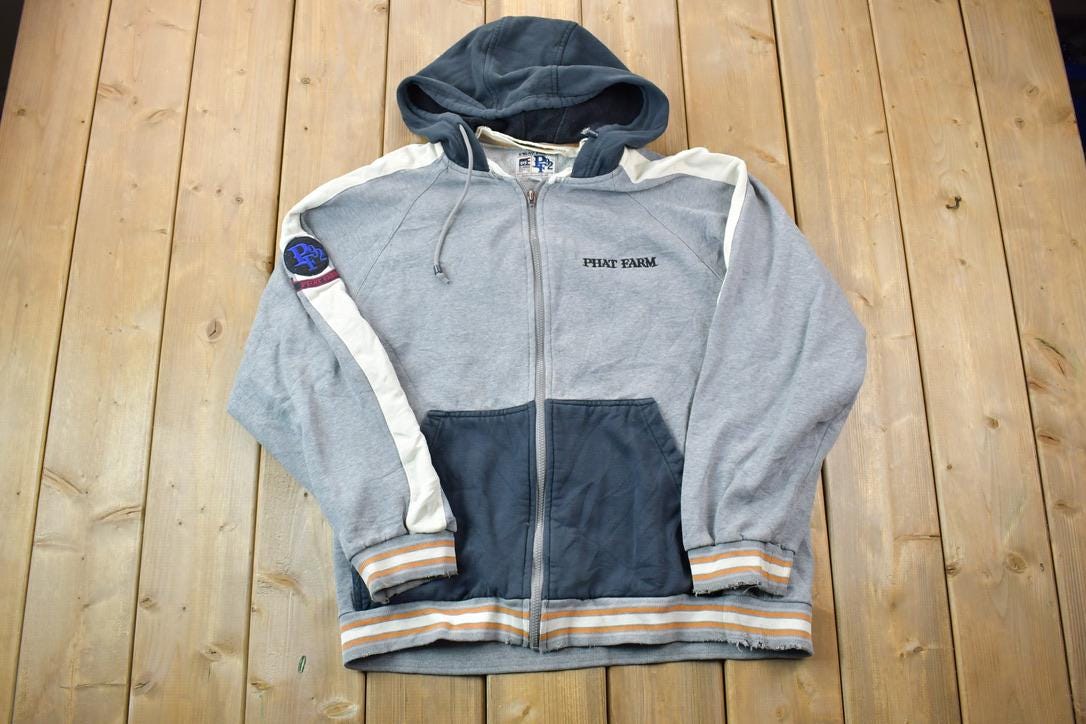 Vintage 1990s Phat Farm Heavy Cotton Full Zip Embroidered Patchwork Hoodie