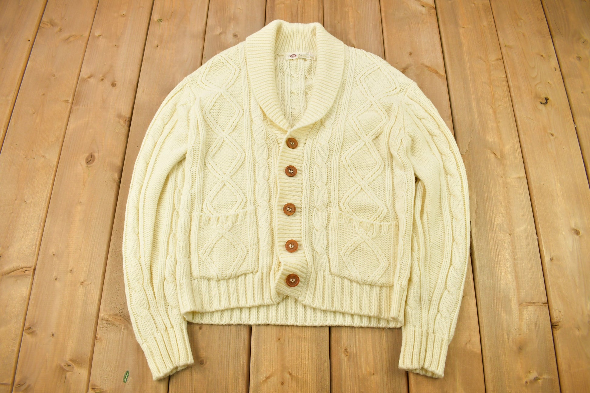 Vintage 1970s Sears Men's Store 3D Cable Knit Cardigan Sweater