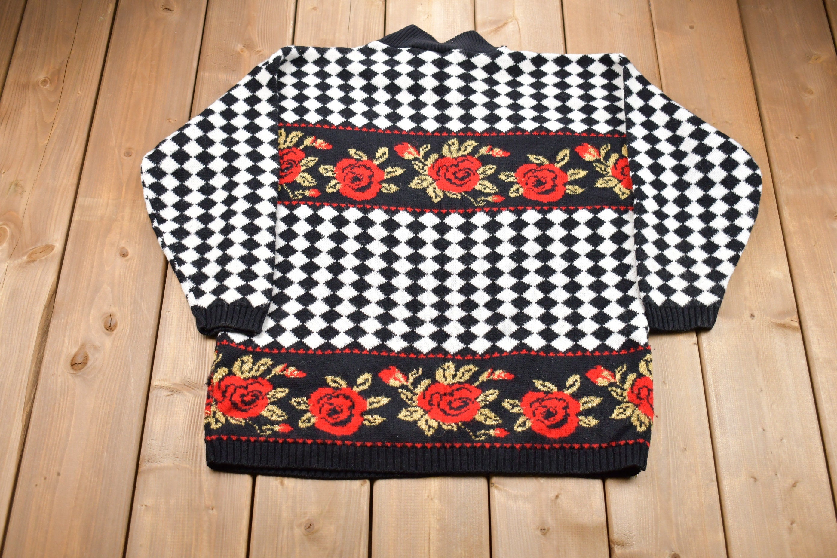 Vintage 1990s Trimmings Floral Checkered Knitted Sweater  Vintage 90s Mockneck  Pattern Sweater  Hand Knit  Pullover Sweatshirt