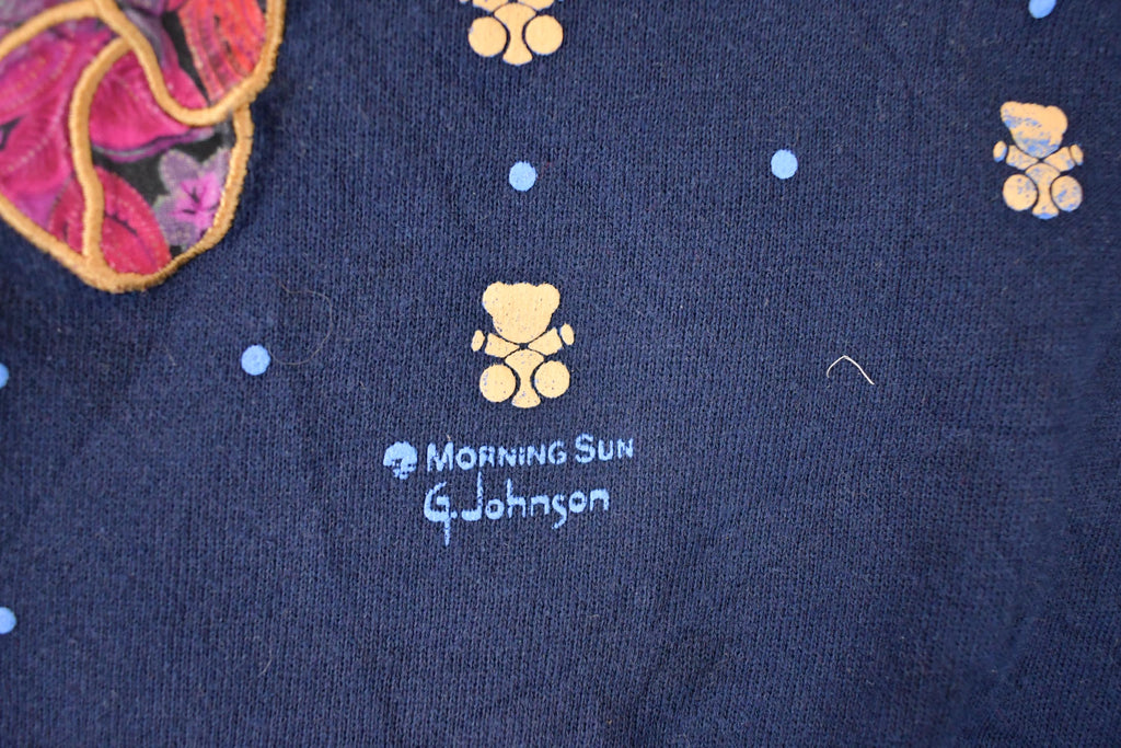 Vintage 1990s Morning Sun Abstract Teddy Embroidered Double Collar Graphic Print Crewneck Sweatshirt Mens L