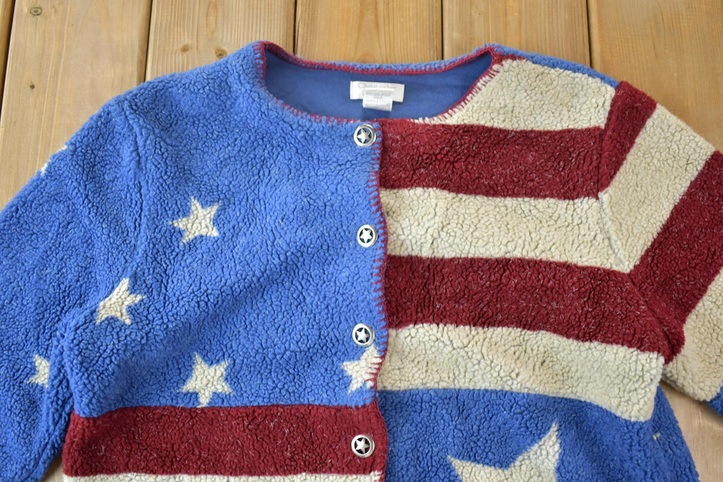 Vintage 1990s Christopher And Banks Fleece Button Up American Flag All Over Print Sweater