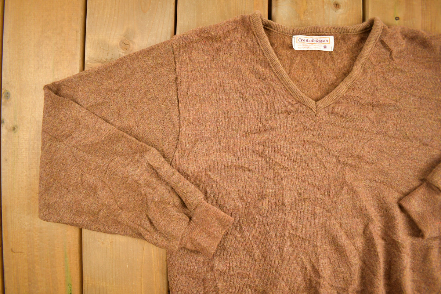 Vintage 1970s Creslan Rayon Knitted V-Neck Sweater / Vintage 90s Crewneck / Pattern Sweater / Outdoor / Hand Knit / Pullover Sweatshirt