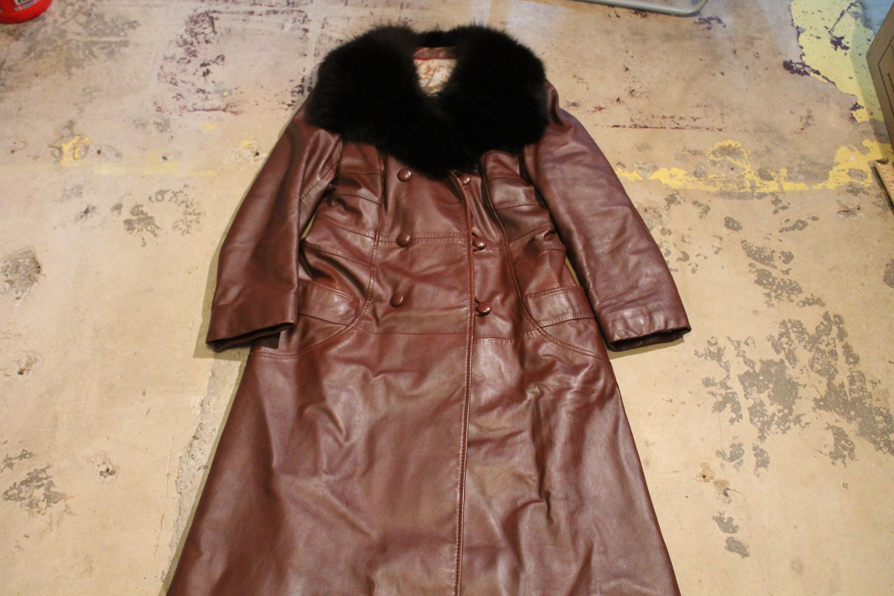 Vintage 1980s Mr Sabre Fur Collar Leather Trench Coat