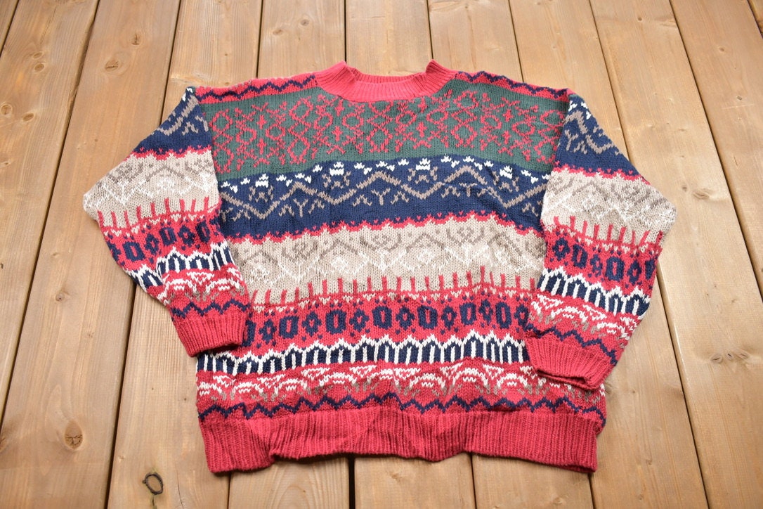 Vintage 1990s Patterned Knit Crewneck Sweater