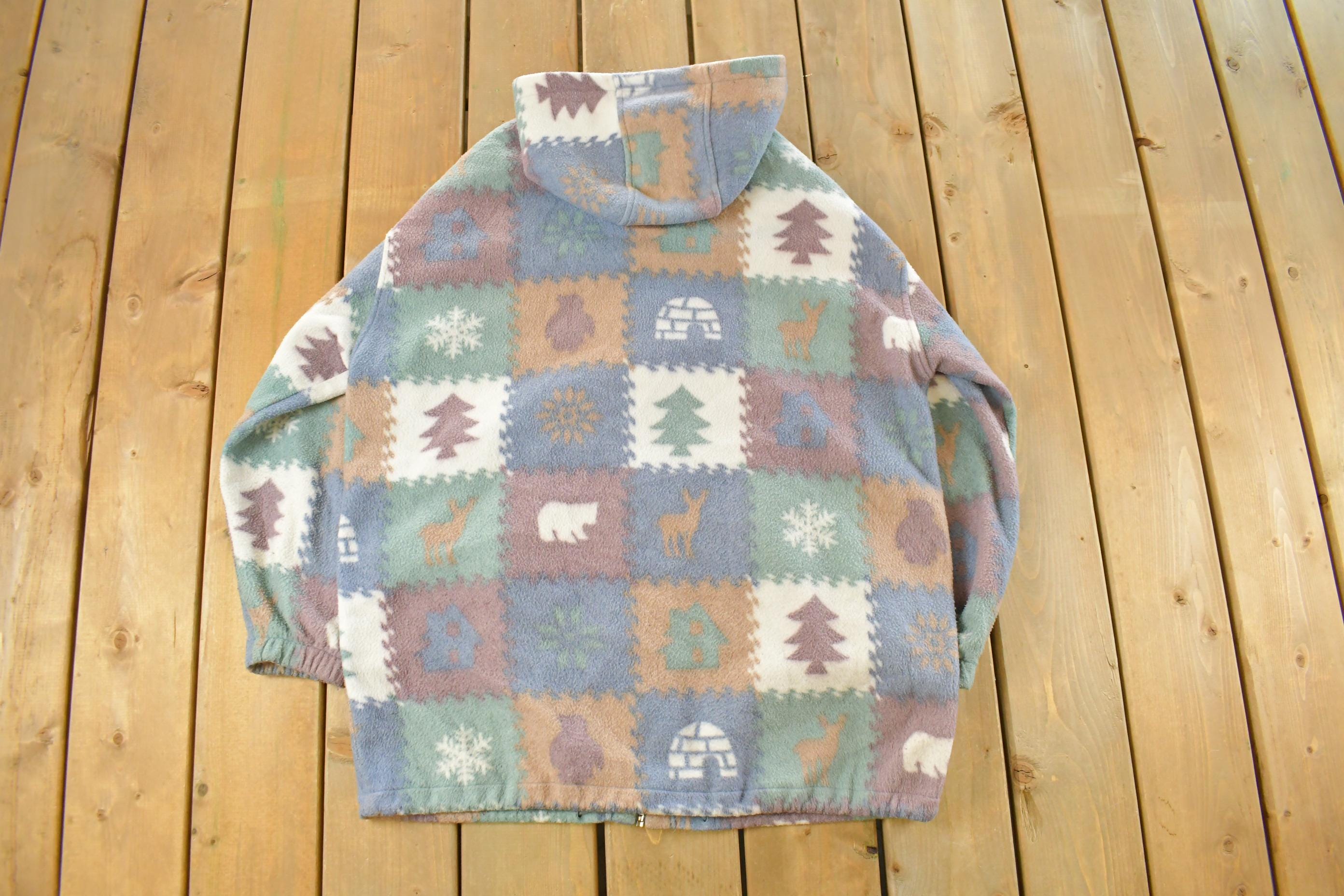 Vintage 1990s G4000 Trees Nature All Over Print Full Zip Fleece Sweater Jacket Women's L