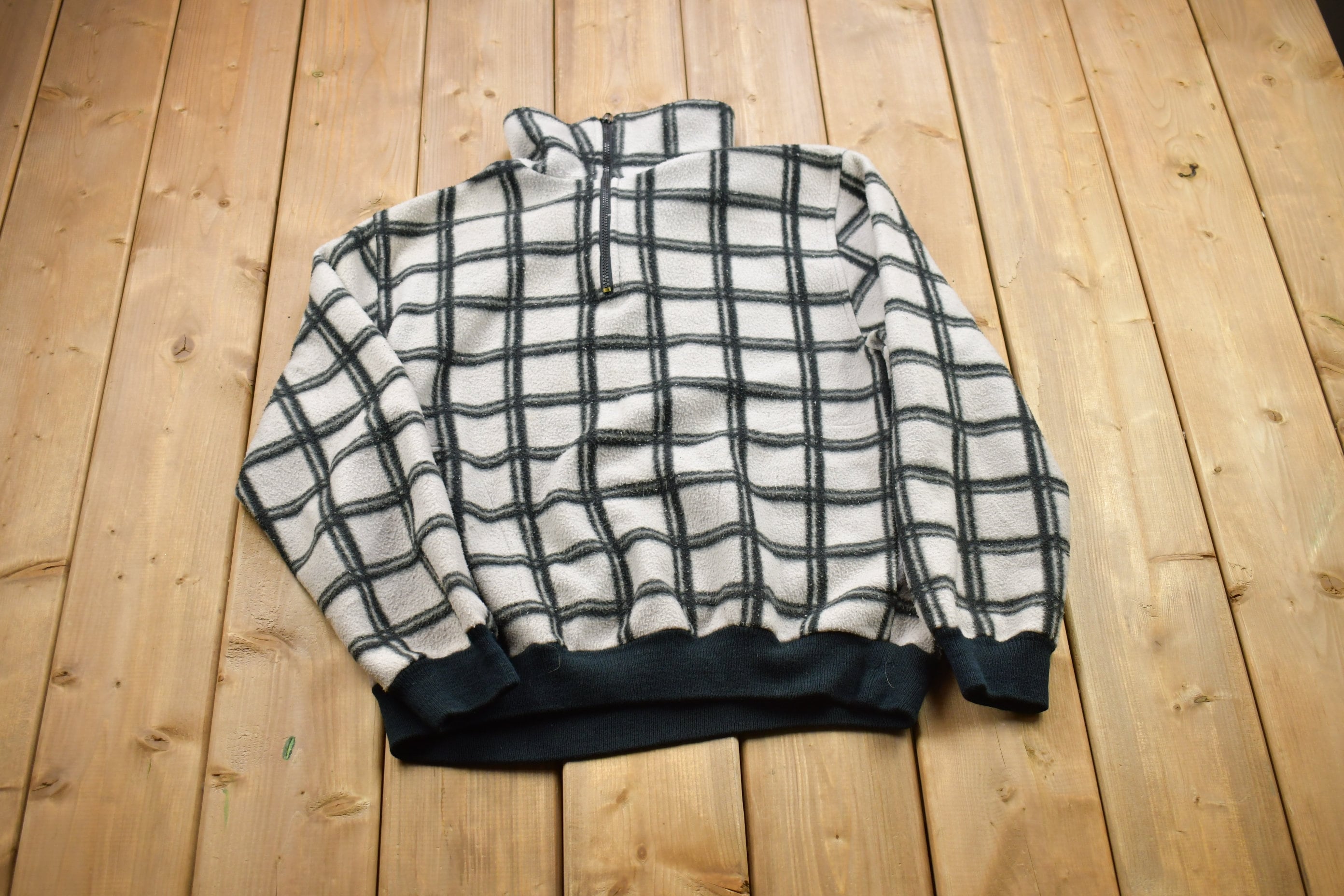Vintage 1990s Plaid Fleece Quarter Zip Sweater
