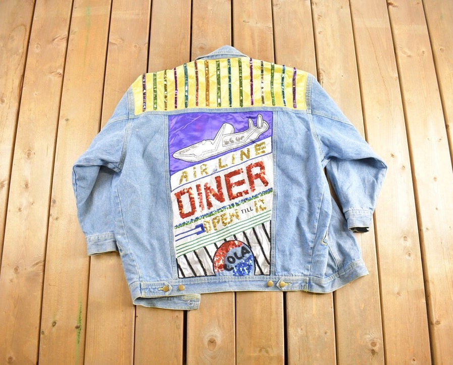 Vintage 1990's Custom Embroidered Diner Denim Jean Jacket /