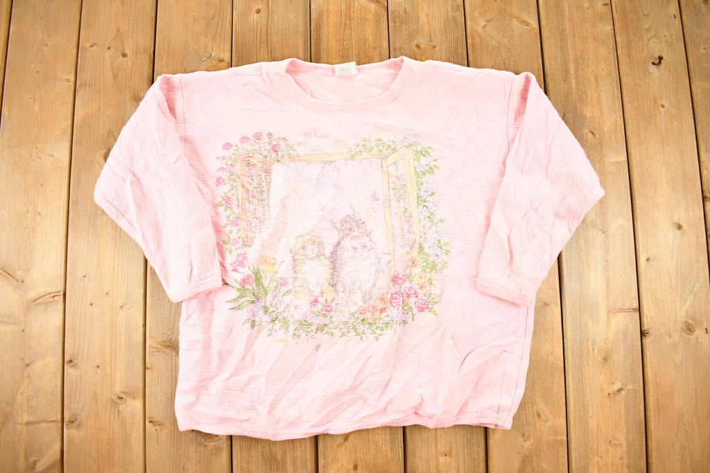 Vintage 1990s Basic Editions Chunky Knit Cute Kitties Screen Printed Crewneck Sweatshirt Women's L /