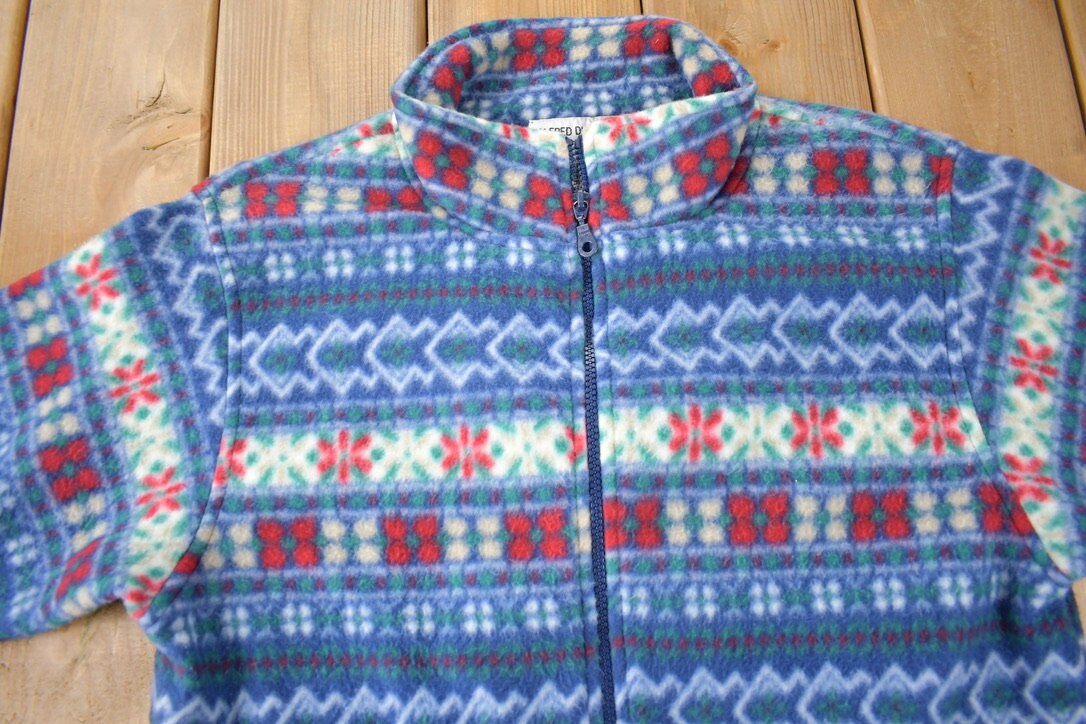 Vintage 1990s Alfred Dunner All Over Print Zip Up Fleece Sweater Size Woman's PS
